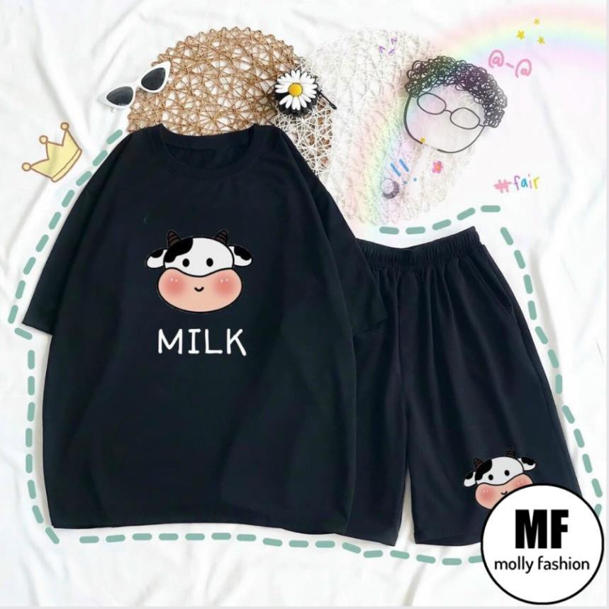 Đồ bộ hoạt hình ❤️ Bộ mặc nhà form rộng Unisex BÒ SỮA QUẦN ĐEN Freesize dành cho nam nữ Molly Fashion Đẹp