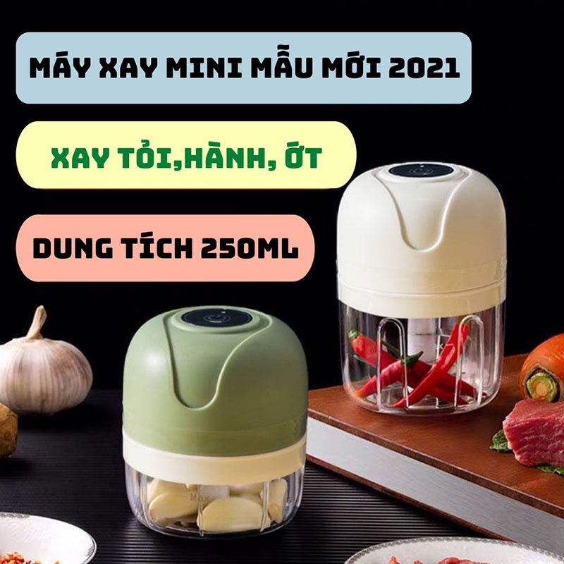 Máy Xay Tỏi Ớt, Máy Xay Mini  Cầm Tay 250ml, Máy Xay Thịt, Rau Củ Sử Dụng Cổng Sạc USB Mẫu Mới 2021