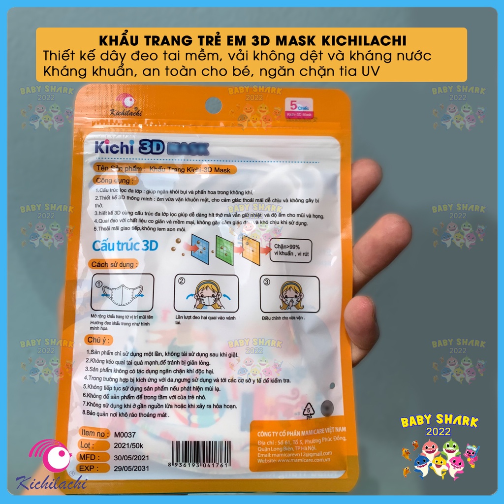 [Set 5 chiếc] Khẩu trang trẻ em Kichilachi 3D Mask kháng khuẩn, an toàn cho bé từ 1-5 tuổi