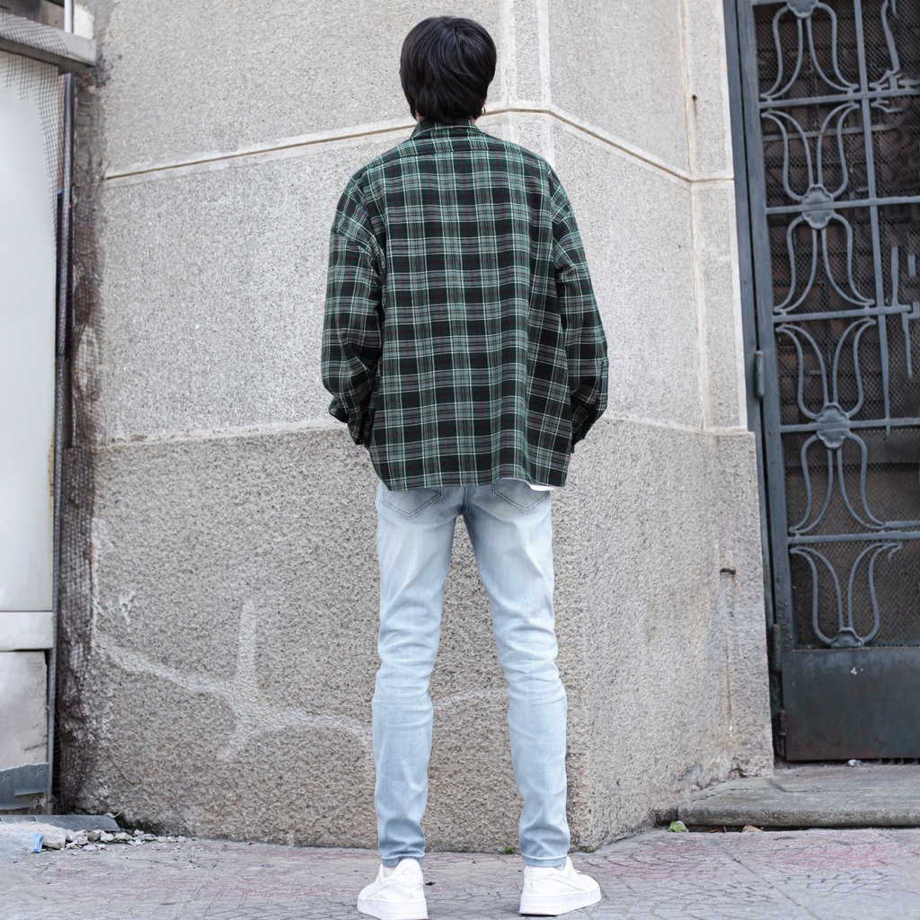 Áo Sơ Mi Flannel Màu Xanh Sọc Tím Form Rộng Thoải Mái Chất Liệu Cotton Thoáng Mát
