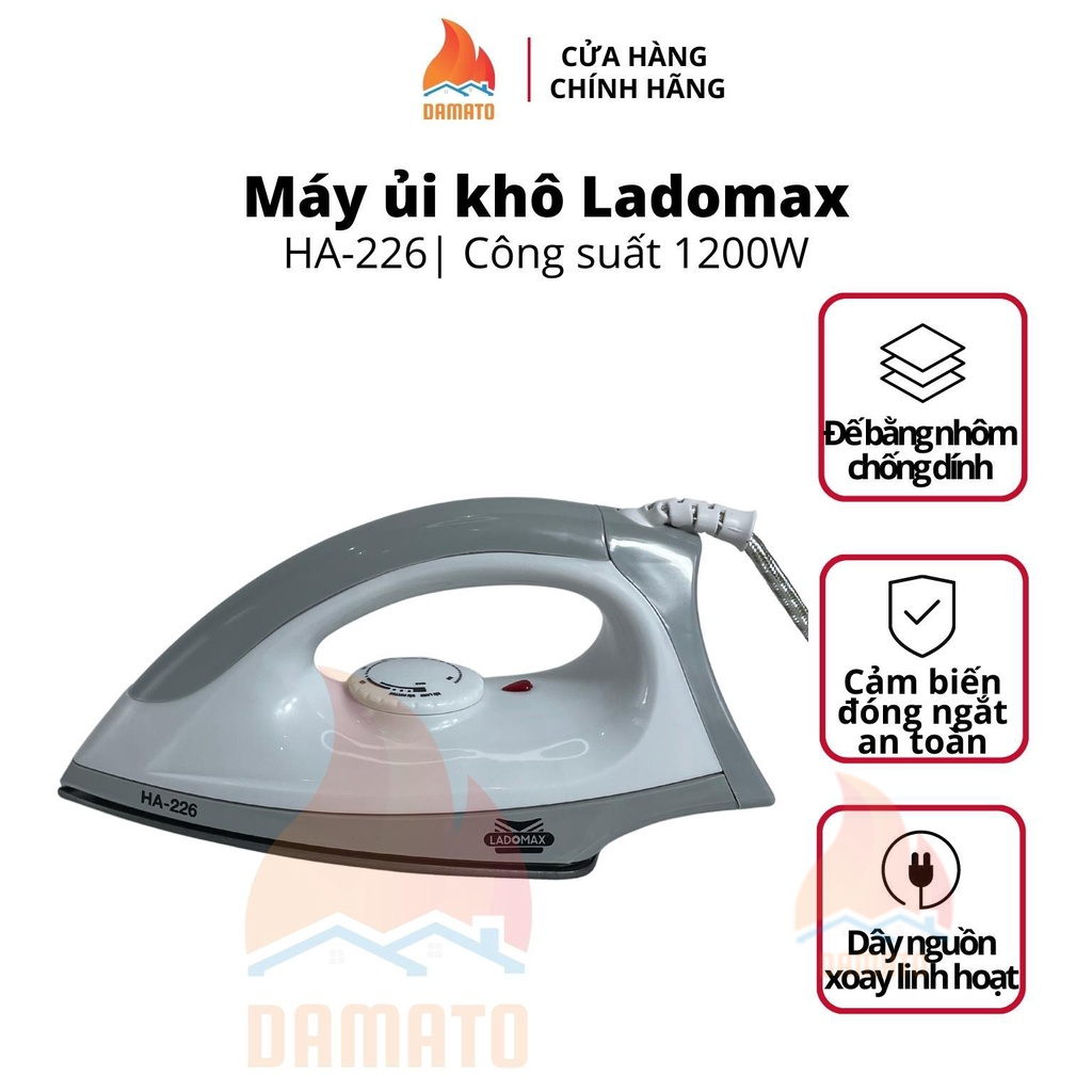 Bàn ủi điện Ladomax HA-226 công suất 1200W, bàn là khô đế nhôm chống dính