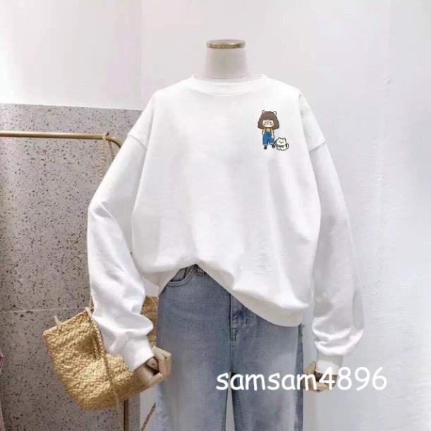Áo sweater form rộng Unisex cô chủ và cún con siêu xinh PT5, Áo hoodie nỉ không mũ phong cách oversize streetwear | BigBuy360 - bigbuy360.vn