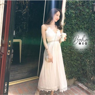 Jumpsuit dài trắng viền ren hoa eo
