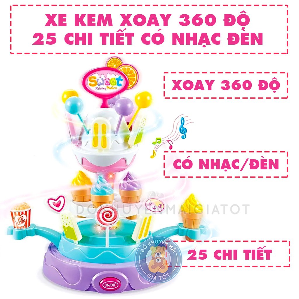 Đồ chơi nấu ăn mô hình xe đẩy cho bé bán kem kẹo có trục xoay 360 độ, có đèn, nhạc 668-54  - Đồ khuyến mãi giá tốt