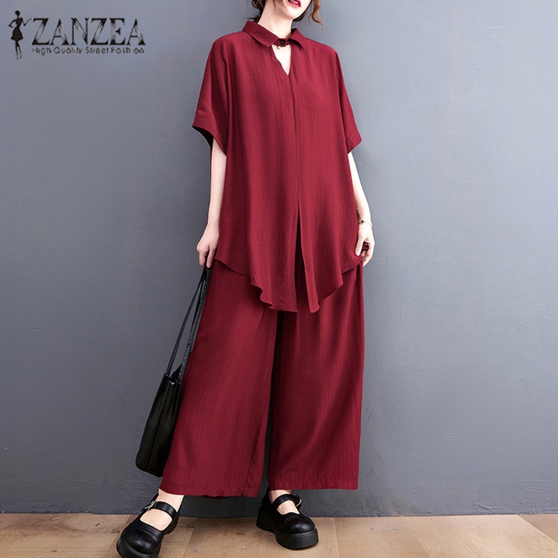 Set áo sơ mi tay ngắn và quần dài lưng thun ống rộng Zanzea phong cách retro cho nữ
