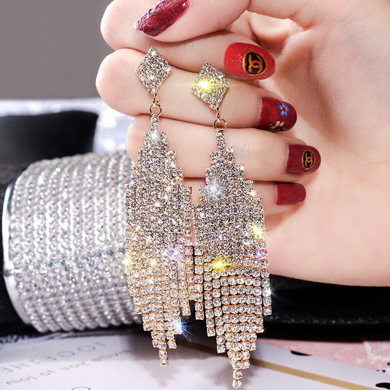 Bông Tai Dáng Dài Phối Tua Rua Đính Đá Thời Trang Sang Trọng Cho Nữ