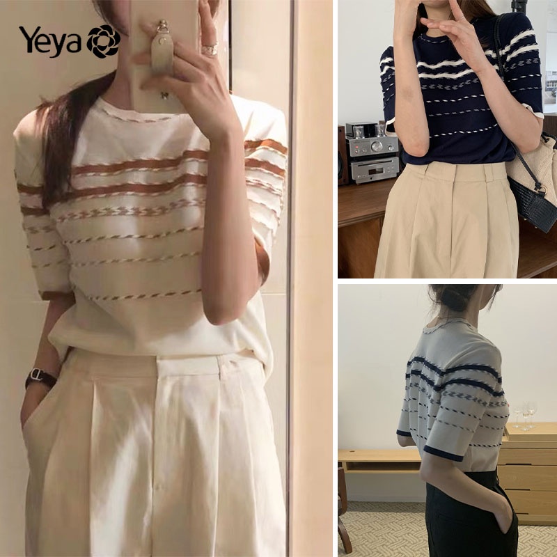 Áo thun YEYA tay ngắn dáng rộng họa tiết kẻ sọc ba chiều màu sắc tương phản thời trang cho nữ