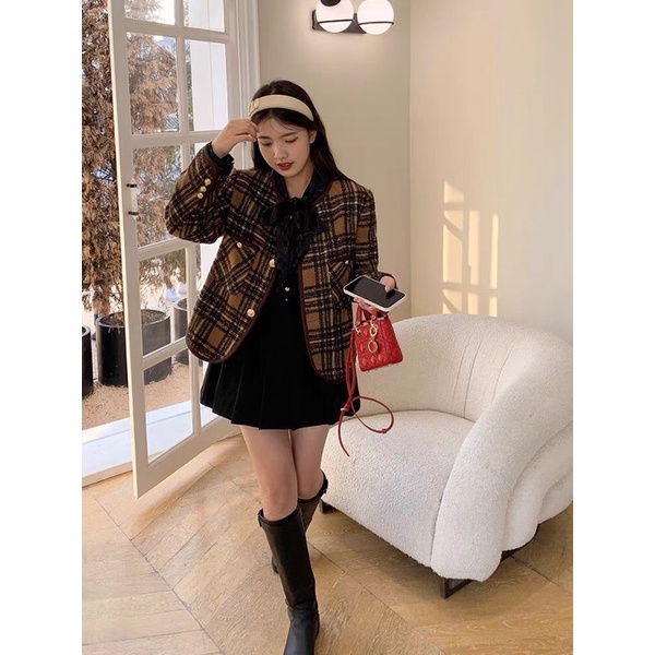 [Ảnh+ video tự chụp](nhập tutu78 giảm ngay 30k) Áo khoác dạ nữ dài tay TWEED kẻ nâu cúc ngọc