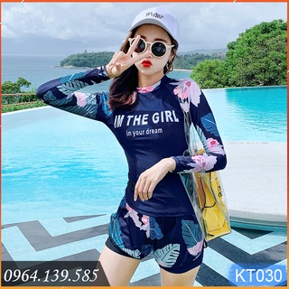 LẺ SIZE 40-48kg | Bộ bơi bé gái lớn dáng thể thao dài tay chống nắng & quần đùi 2 lớp, đồ thun bơi lạnh dày đẹp | KT030