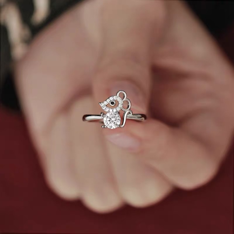 Nhẫn Đính Đá Zircon Hình Chuột Hoàng Đạo Dễ Thương Có Thể Điều Chỉnh Kích Thước Phong Cách Nhật Hàn