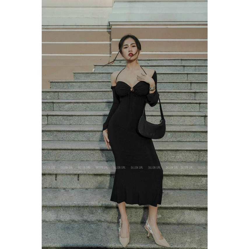 Đầm yếm tay dài trễ vai khoét ngực có mút chất thun gân siêu hot hit