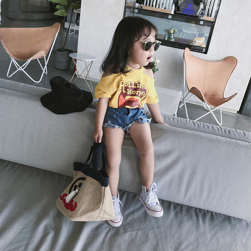 Set Áo Thun Trễ Vai Ngắn Tay + Quần Short Denim Thời Trang Hè Mới Cho Bé Gái