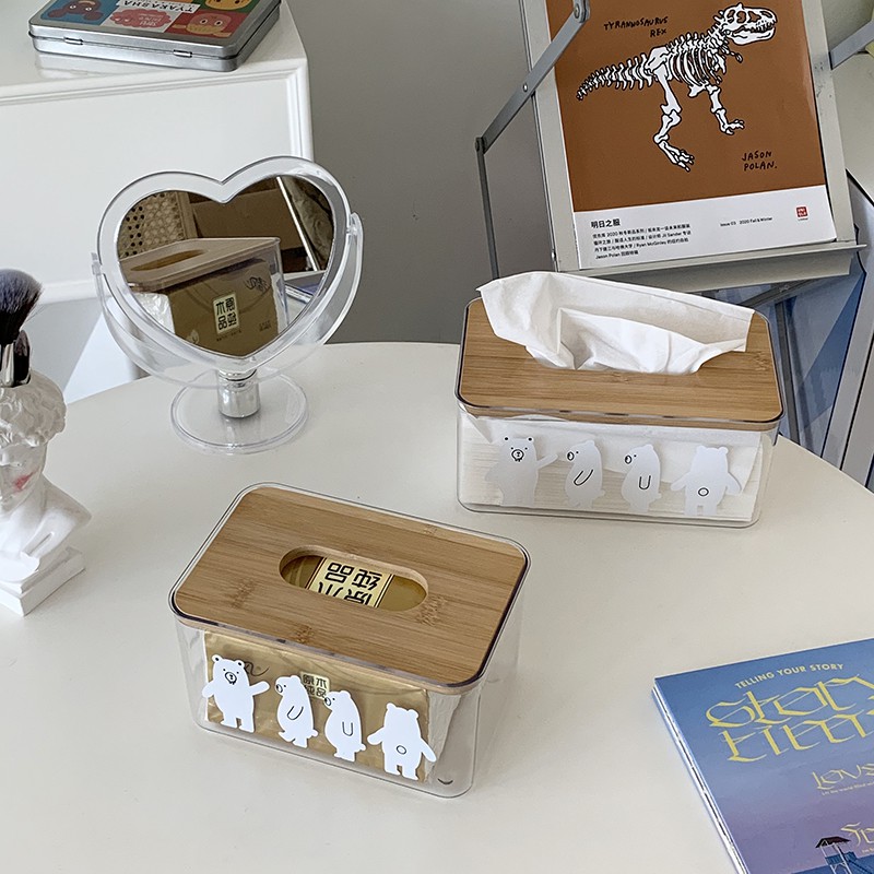 Hộp Đựng Khăn Giấy Hình Gấu Bắc Cực Trong Suốt Có Nắp Gỗ
