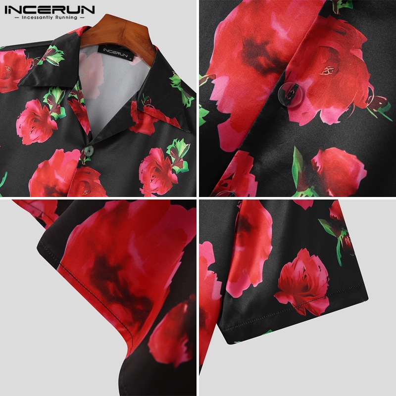 Áo sơ mi INCERUN ngắn tay in họa tiết phối nút thời trang cho nam