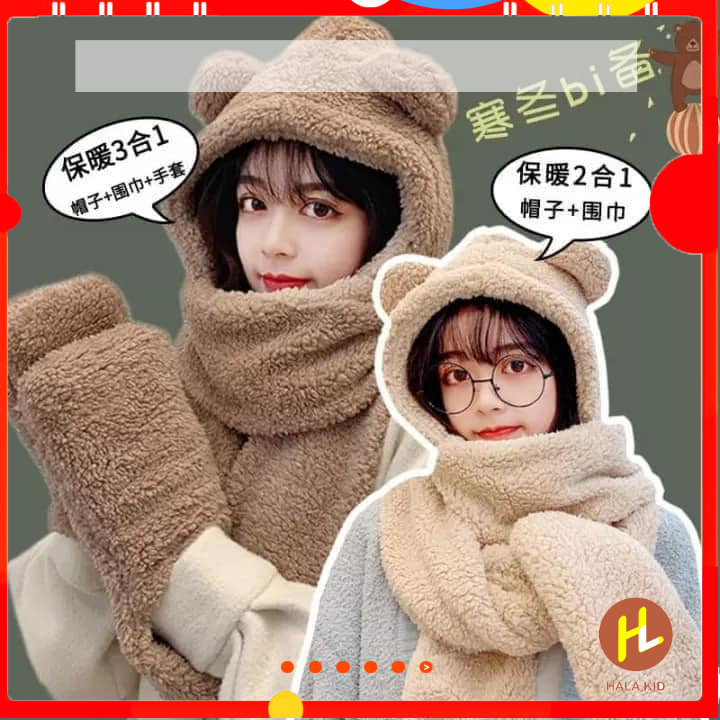 Mũ lông cừu tai gấu kèm khăn quàng cổ và găng tay cho nữ mùa thu đông