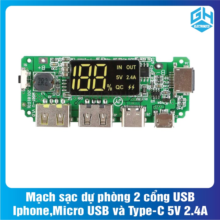 Mạch sạc dự phòng 2 cổng USB, Iphone, Micro USB và Type-C 5V 2.4A,Kích thước: 65x25mm