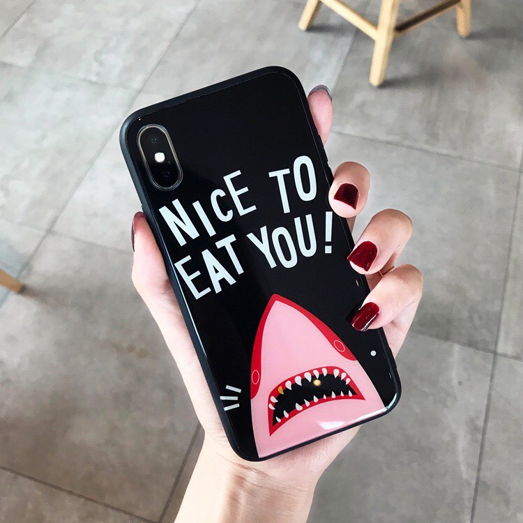 ốp lưng iphone 7 plus nice to eat you hàm cá mập mặt lưng kính viền dẻo cho iphone 6 7 8 xs 11 pro max k280