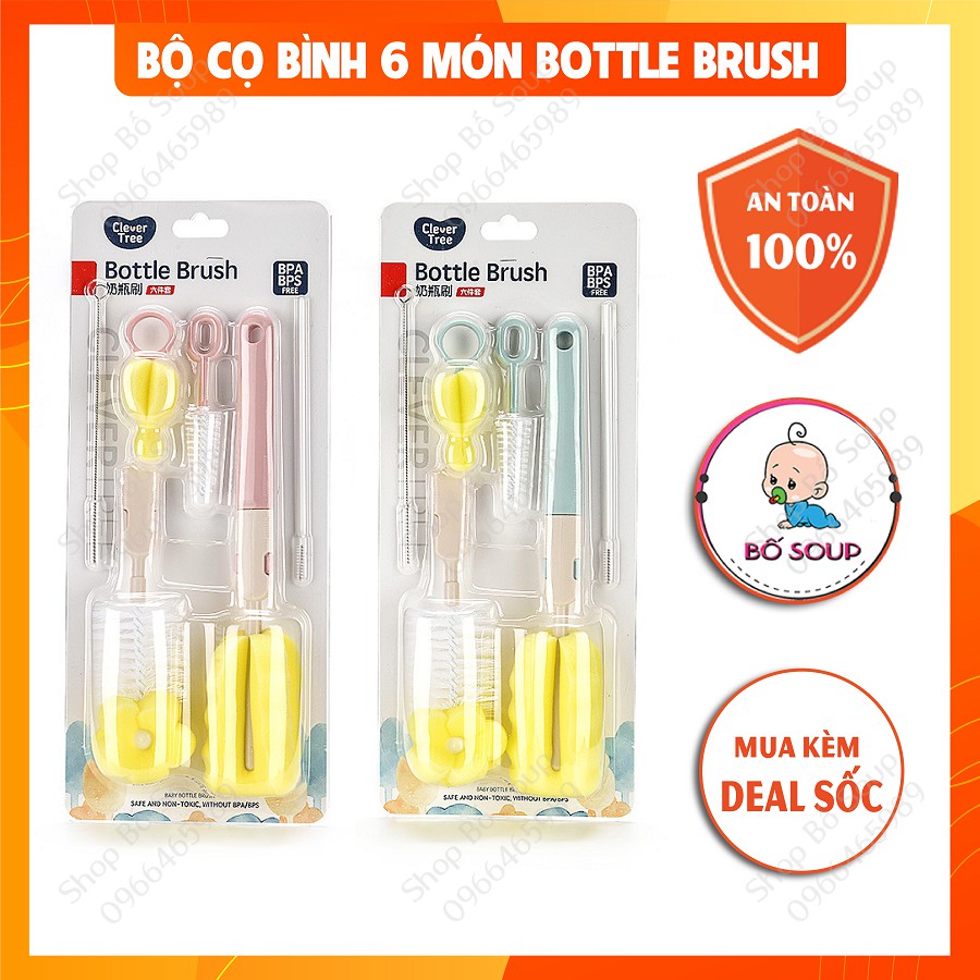 Cọ rửa bình sữa, núm ti, ống hút sữa 6 chi tiết Bottle Brush cao cấp cho bé Shop Bố Soup