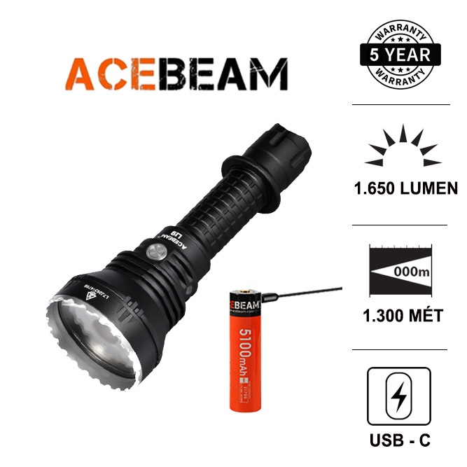 Đèn pin chiếu xa ACEBEAM L19 độ sáng 1650lm chiếu xa 1300m bóng LED pin 21700 5100 cổng sạc Type-C Đèn &amp; Đèn pin