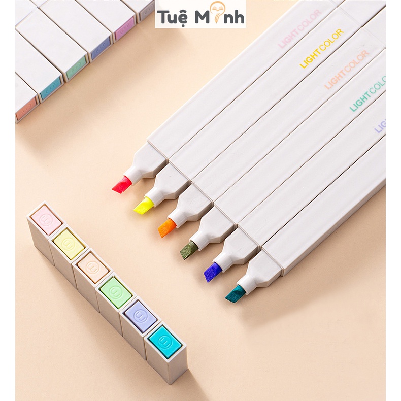 Bút highlight 2 đầu Light Color đánh dấu màu pastel HI06 tặng kèm sticker