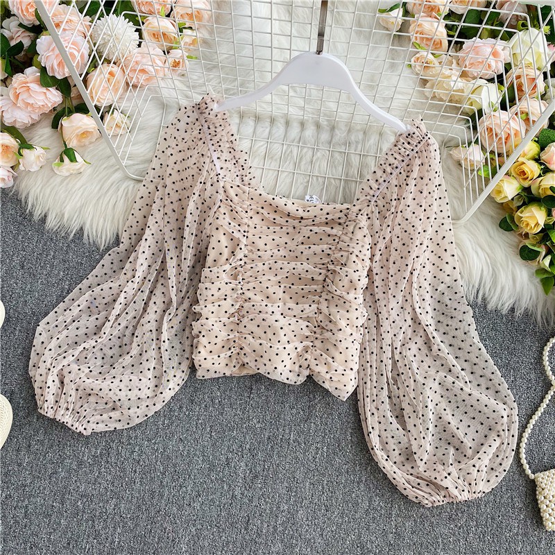 Áo sơ mi voan crop top cổ vuông dài tay kiểu tây ôm eo cao phong cách