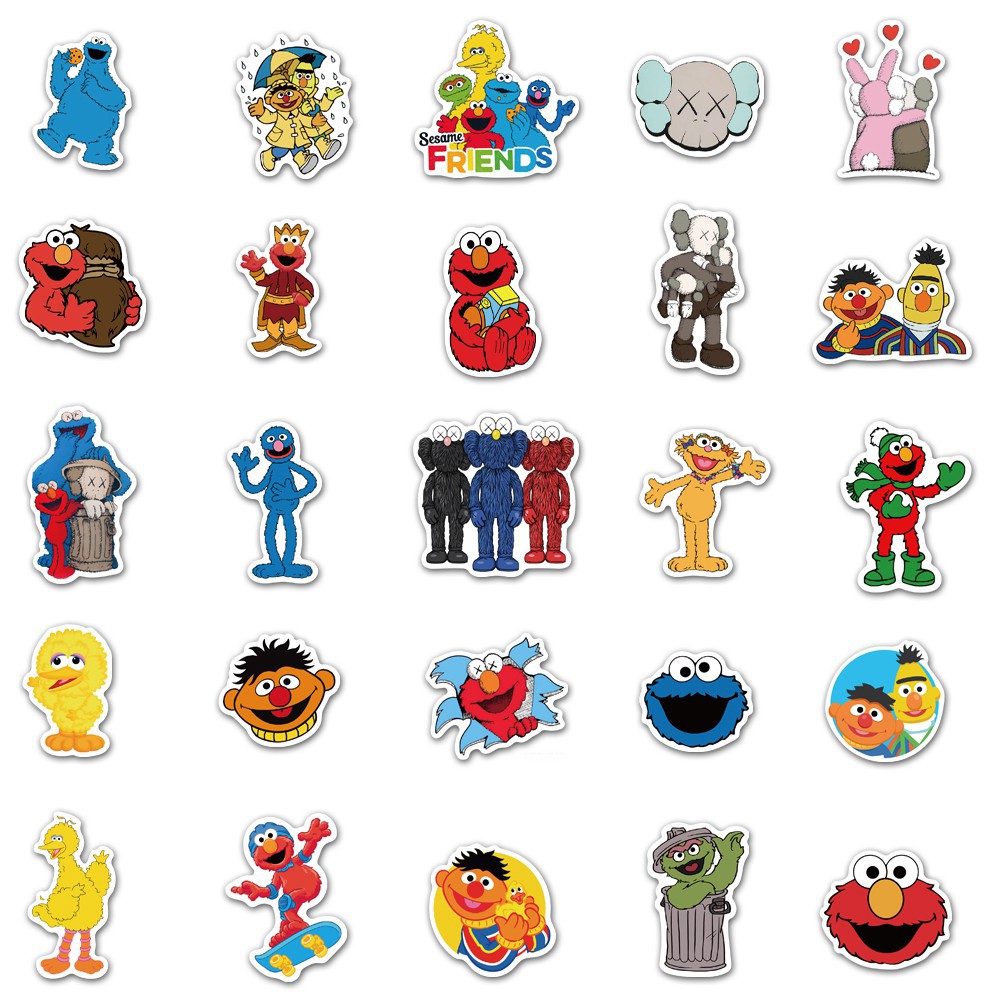 Set 100 miếng dán chống thấm nước họa tiết hoạt hình Sesame Street × Kaws dễ thương