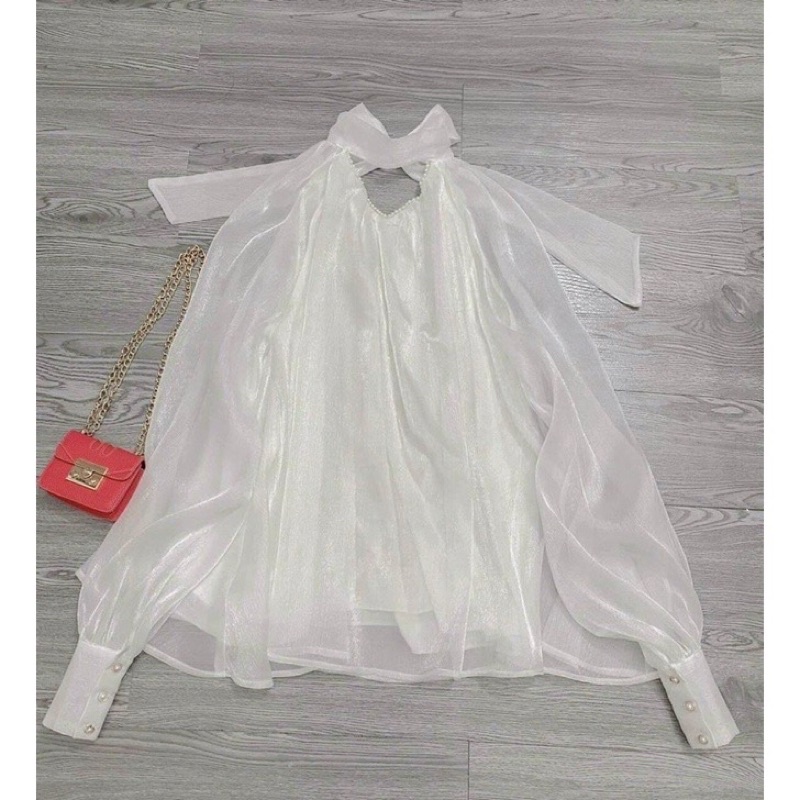 Áo sơ mi voan tơ óng cổ choker buộc nơ sau tay dài bồng hai lớp dáng xoè rộng bánh bèo tiểu thư sang chảnh