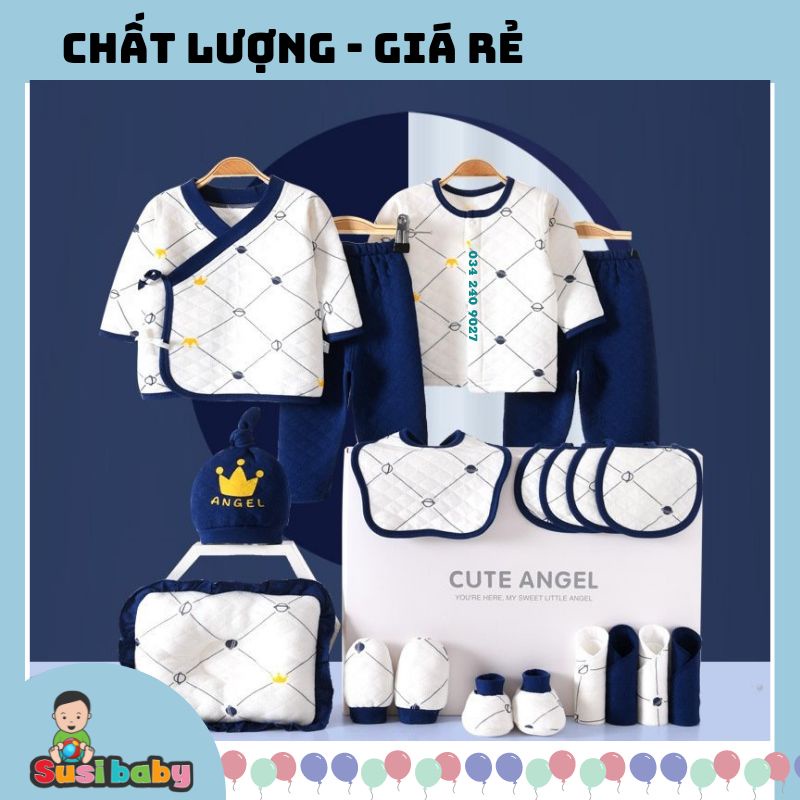 SET ĐỒ SƠ SINH 19 CHI TIẾT CAO CẤP 2 MÀU HỒNG XANH CHO BÉ TRAI BÉ GÁI LÀM QUÀ ĐẦY THÁNG