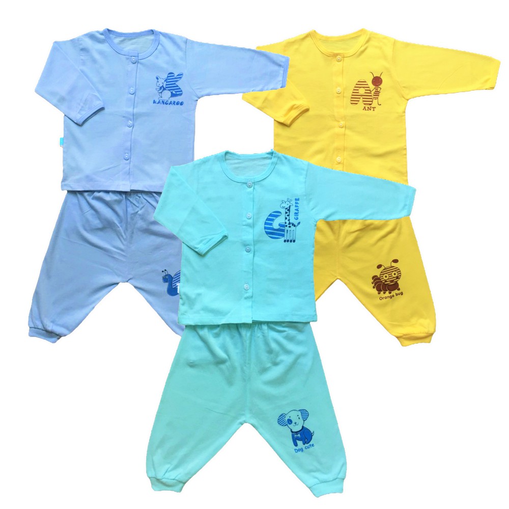 Bộ quần áo sơ sinh cotton Tay Dài Màu Cài Nút Giữa Thái Hà Thịnh cho bé trai, bé gái, chất vải mềm, mịn, thoáng mát