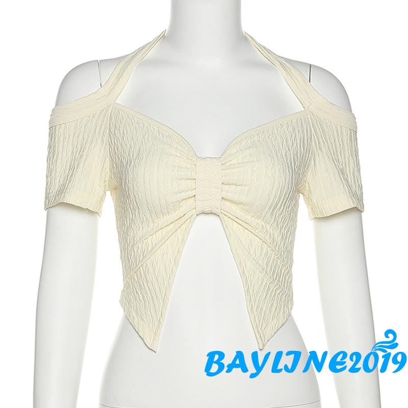 Áo Thun Tay Ngắn Cổ Chữ V Hở Rốn Màu Trơn Thời Trang Cho Nữ