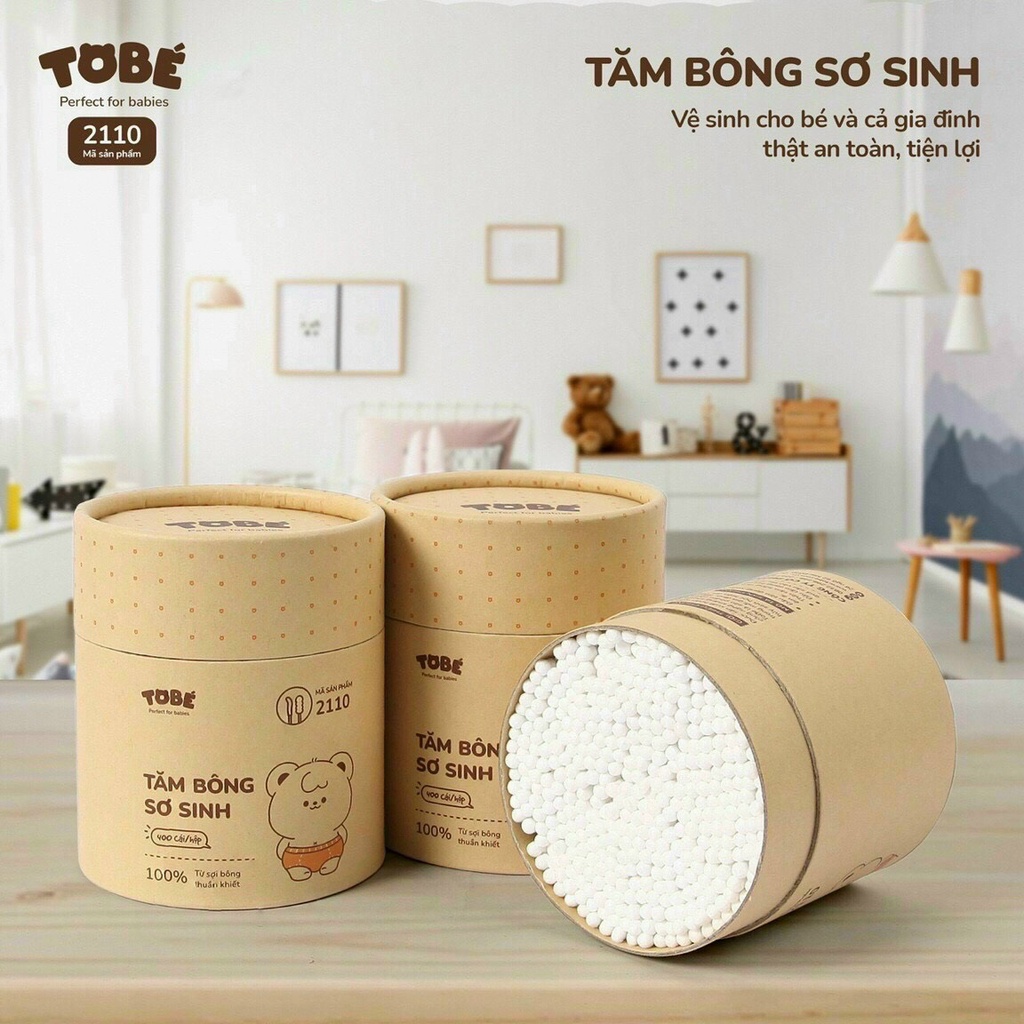 Tăm bông sơ sinh hãng TOBÉ an toàn cho bé, tiện lợi cho cả gia đình hộp 400 que⚡️𝐌𝐈𝐄̂̃𝐍 𝐏𝐇𝐈́ 𝐒𝐇𝐈𝐏⚡️