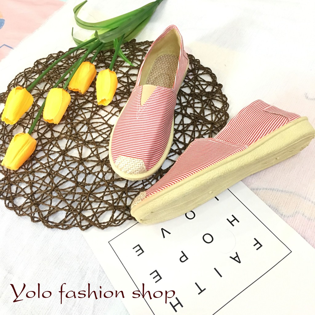 [Hình thật] GL2 Giày lười slip on nữ kẻ ngang bọc cói vintage thời trang | BigBuy360 - bigbuy360.vn