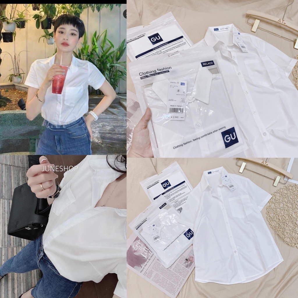 Áo sơ mi nữ cộc tay GU chất đũi mềm mát chống nhăn xuất nhật túi zip-Mai Thỏ Shop-