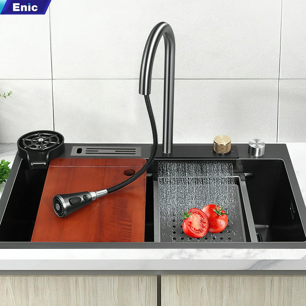 Bồn rửa chén thông minh Enic K2 - Chậu rửa inox 1 ngăn lớn, vòi phun thác nước hiện đại, màn hình LED hiển thị nhiệt độ