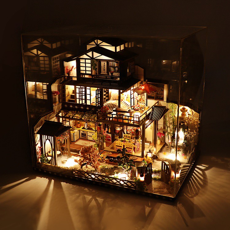 Mô hình nhà DIY Doll House Japanese The Ancient Capital Under Moonlight Kèm Mica Chống bụi, Bộ dụng cụ, Keo dán và Bộ ph