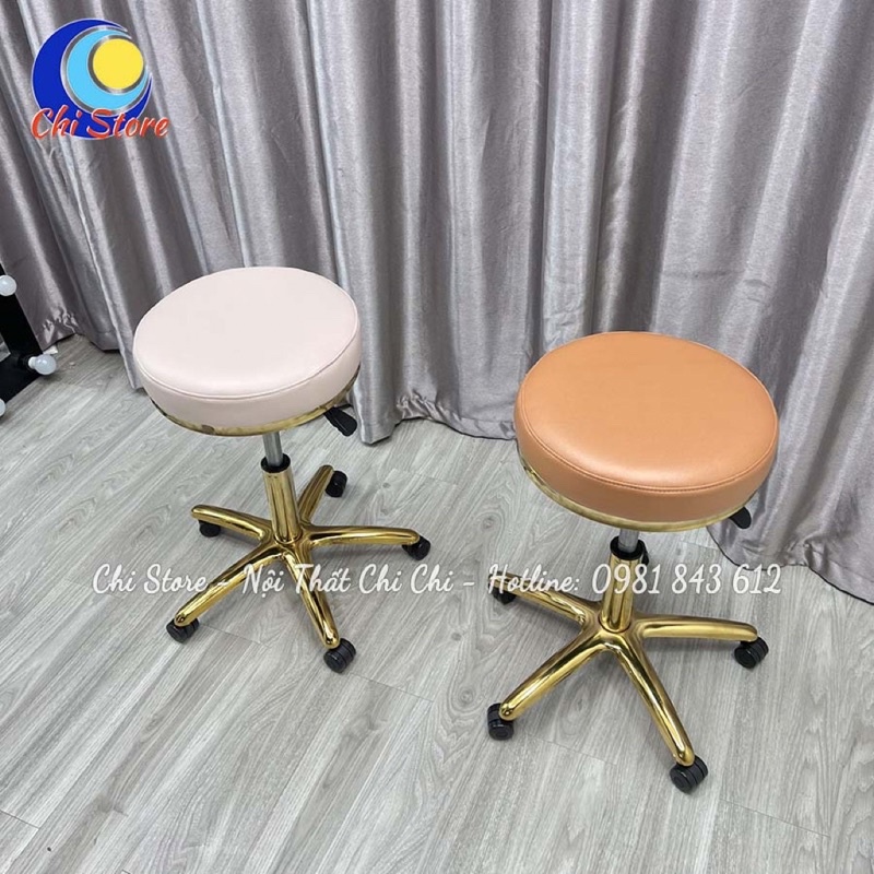Ghế Xoay Bánh Xe Spa Cao Cấp, Ghế Đôn Hơi Phun Xăm Điều Chỉnh Cao Chân Kim Loại Mạ Vàng Gold Cực Sang