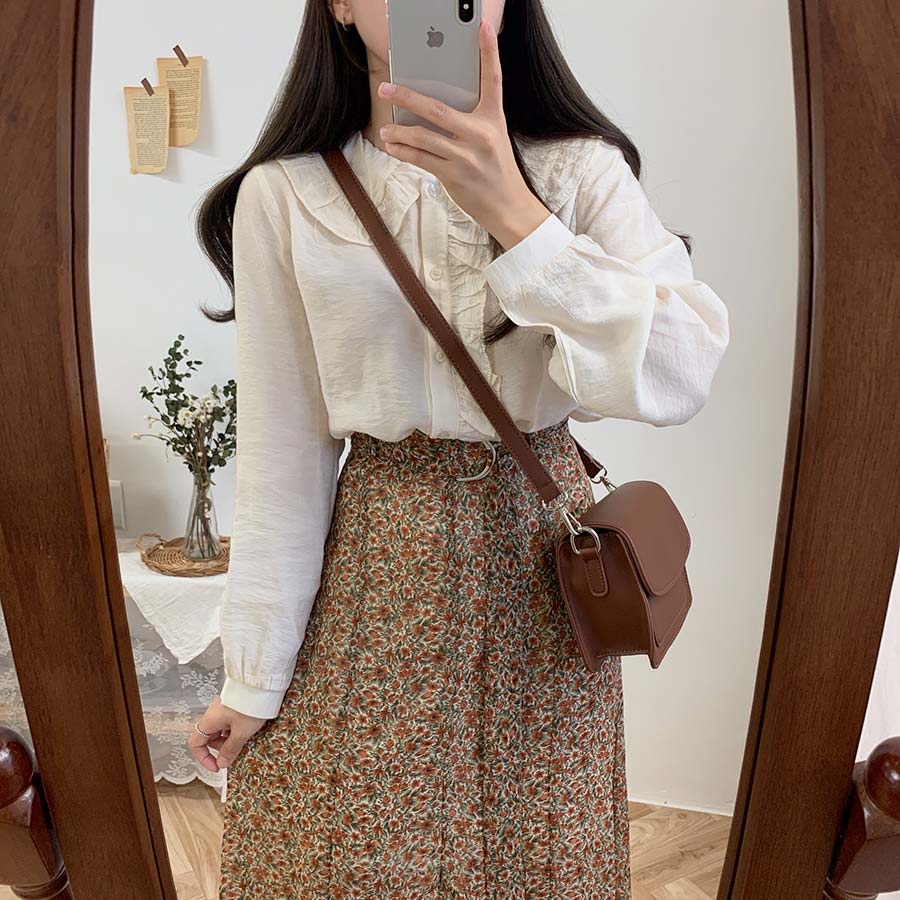 Áo Sơ Mi Dài Tay Cổ Búp Bê Màu Trơn Đơn Giản 30680