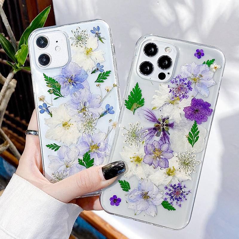 Ốp Điện Thoại Mềm Trong Suốt Ép Hoa Khô Cho iPhone 13 12 11 Pro MAX Mini X XS MAX XR SE 2022 2020 7 8 Plus