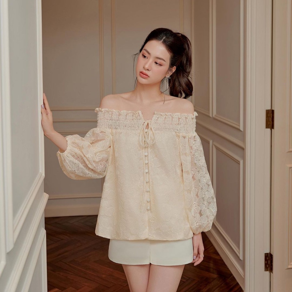 Áo trễ vai tay bồng [Linly Store] Áo kiểu nữ dài tay tiểu thư A-TVNO2