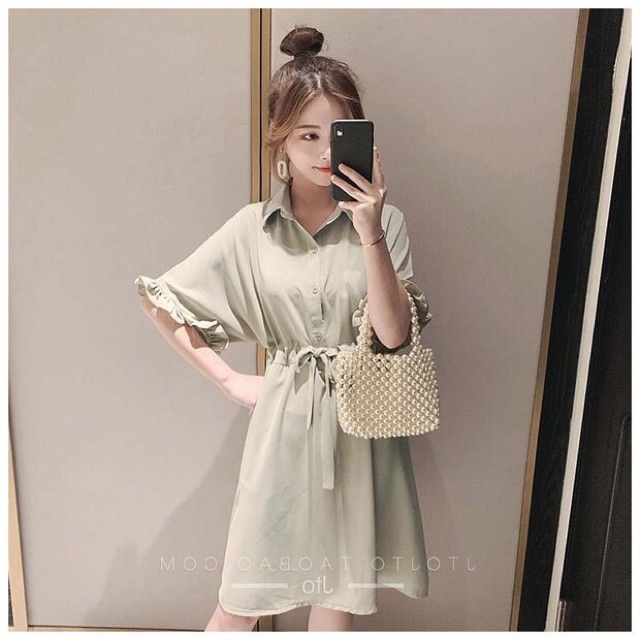 (Order) có bigsize Đầm sơ mi rút eo, tay lửng loe bèo