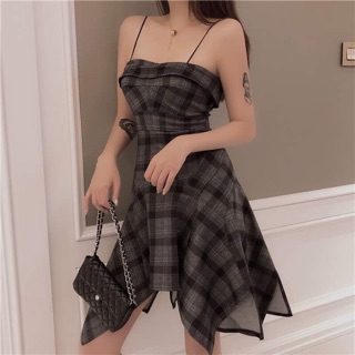 (Ord) váy 2 dây caro, váy kẻ caro, váy caro xám, váy gợi cảm
