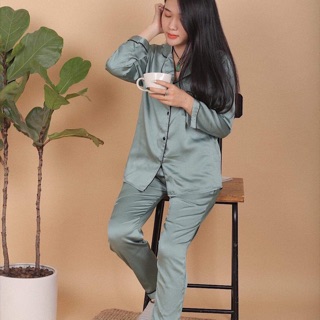 Ảnh thật - bộ lụa tay dài quần dài xanh ngọc