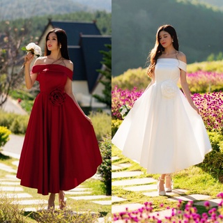 Đầm maxi trễ vai phom dạ hội nơ hoa rời