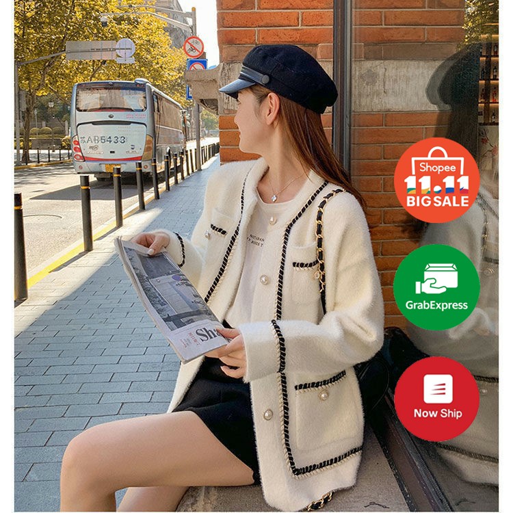 [HÀNG SẴN] Áo khoác nữ len cadigan lông thỏ dài tay cổ tròn 4 túi đính khuy cườm dày dặn màu đen/trắng | BigBuy360 - bigbuy360.vn