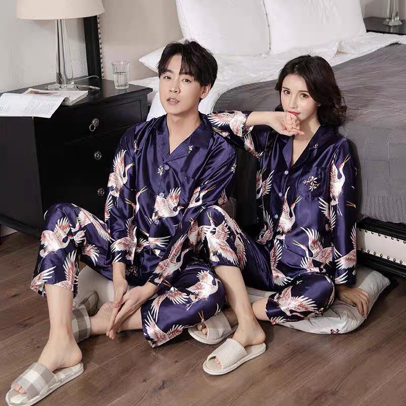 Bộ pijama lụa họa tiết tiên hạc dành cho các cặp đôi - Đồ mặc nhà cho nam và nữ ...