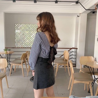 Áo caro Croptop cột nơ sau🌸