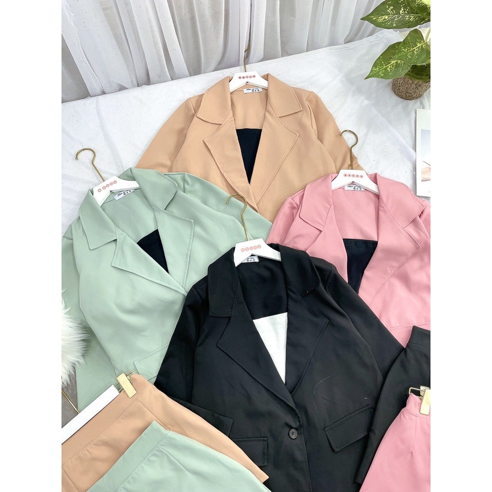 Set bộ áo vest trơn mix chân váy chữ A đen be xanh hồng freesize công sở form ôm tôn dáng lịch sự ylydress