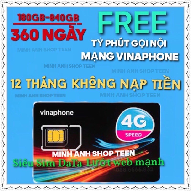 SIM 4G VINA VÀO MẠNG 1 NĂM KHÔNG NẠP TIỀN 60gb-180Gb- 840gb