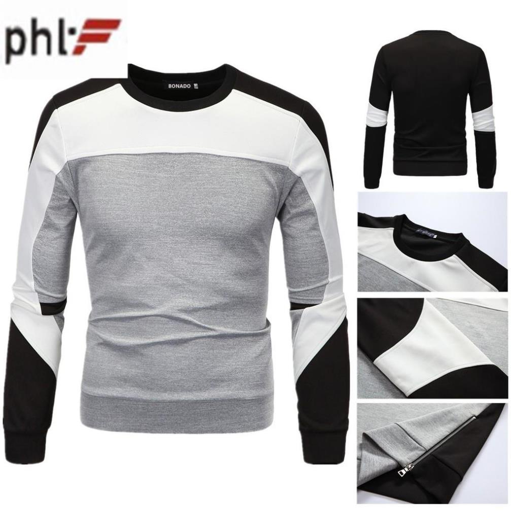 Áo thun dài tay thu đông nỉ da cá phối màu PHLFashion AT19 - Đen, Xám, Trắng