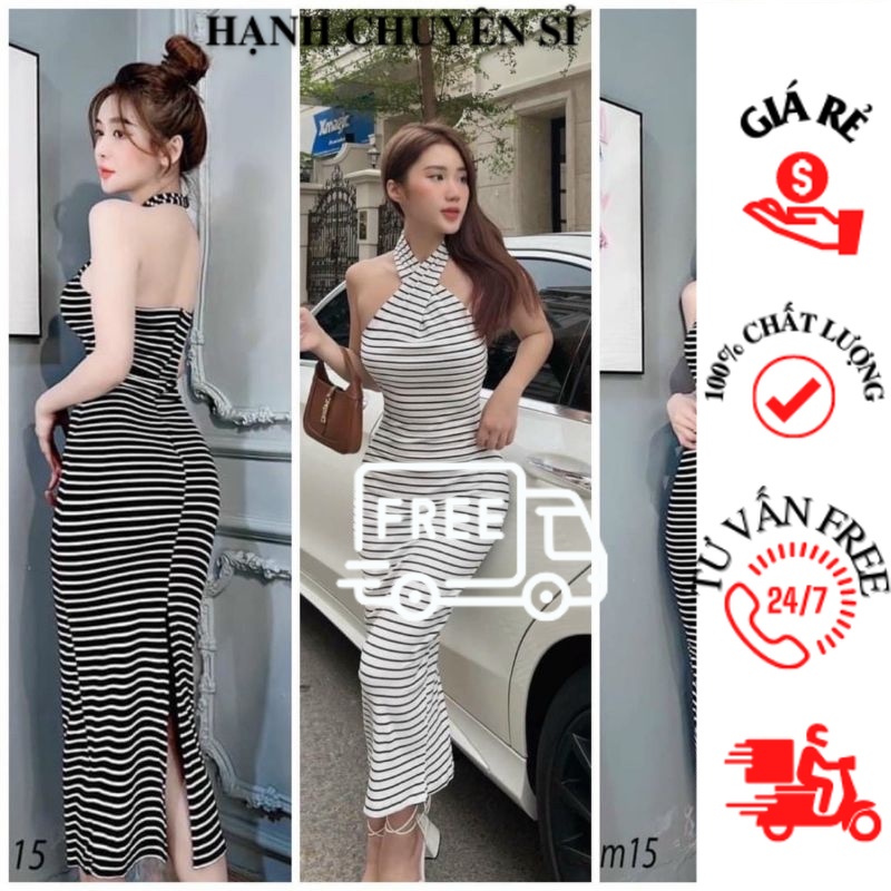 (CHUYÊN SĨ)Đầm YẾM QUÀNG CỔ BODY Thun GÂN Kẻ Sọc Ngang Hở Lưng - Dáng Dài Maxi Xẻ Tà Sexy